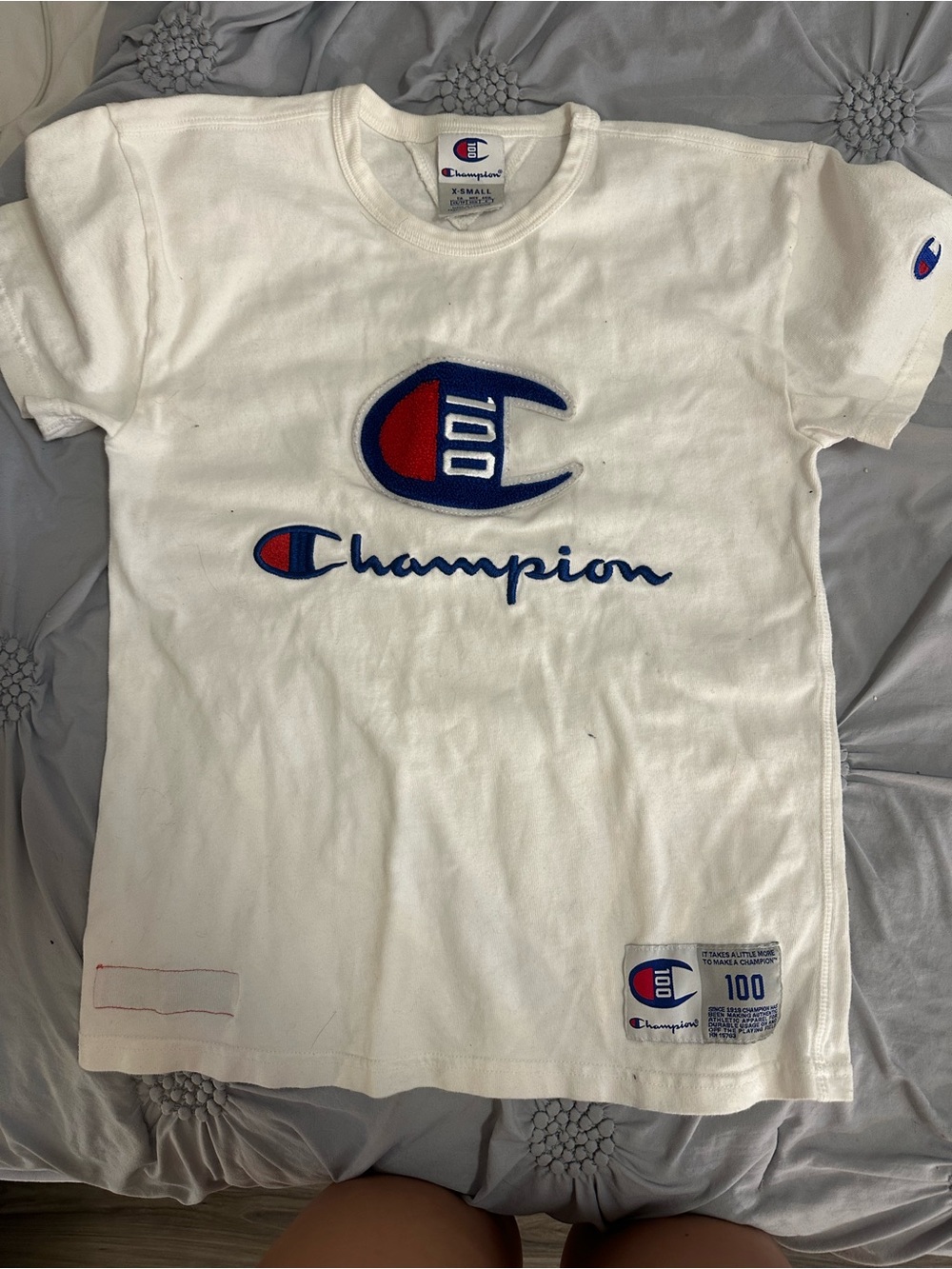 Champion White Short Sleeve Tee with Blue & Red Logo
